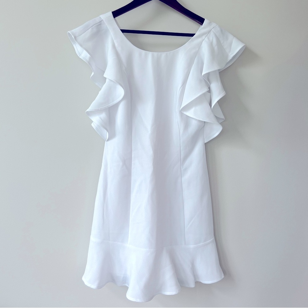BCBG white mini dress with ruffled sleeves and double lining, size 2